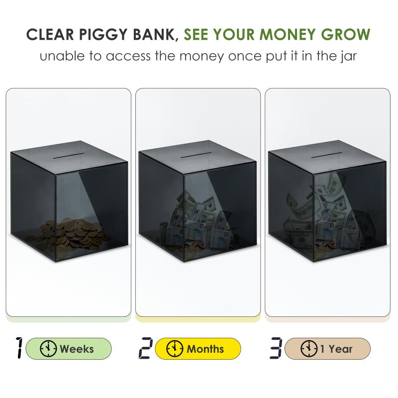 Vcertcpl Acrylic Clear Piggy Bank Money Saving Box for Cash Saving, Unopenable Adults Piggy Bank for Real Money Bank Coin Bank Change Jar (Gray, 12x12CM) - Image 5