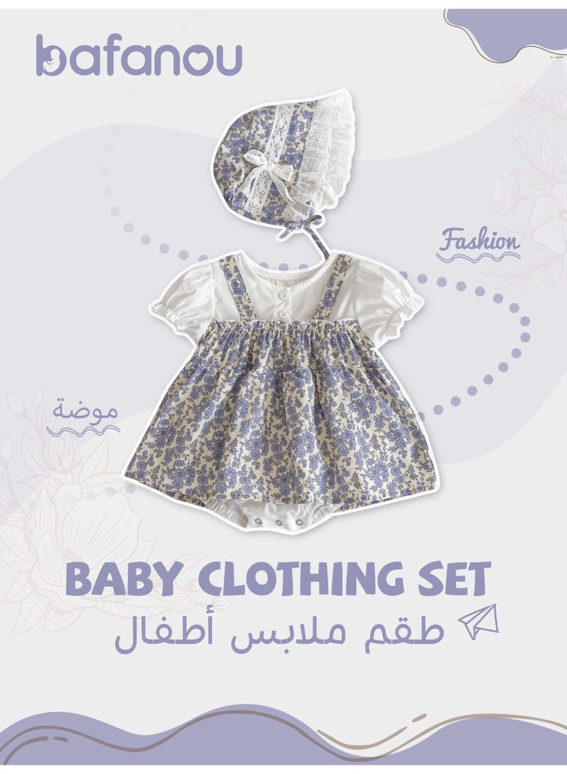 Bafanou Bafanou Summer Printed Floral Baby Jumpsuit -ShortSleeve Blue Romper with Matching Hat 2 Pcs for Newborns and Infants  - Image 1