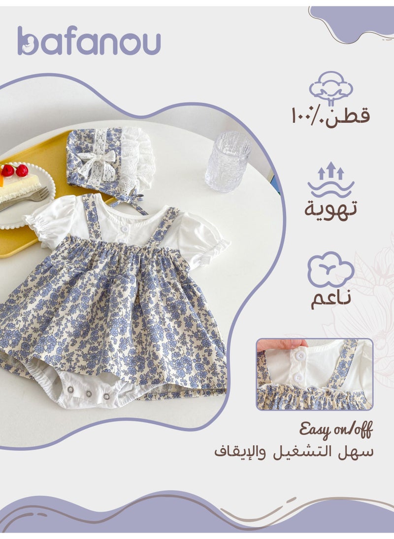 Bafanou Bafanou Summer Printed Floral Baby Jumpsuit -ShortSleeve Blue Romper with Matching Hat 2 Pcs for Newborns and Infants  - Image 2