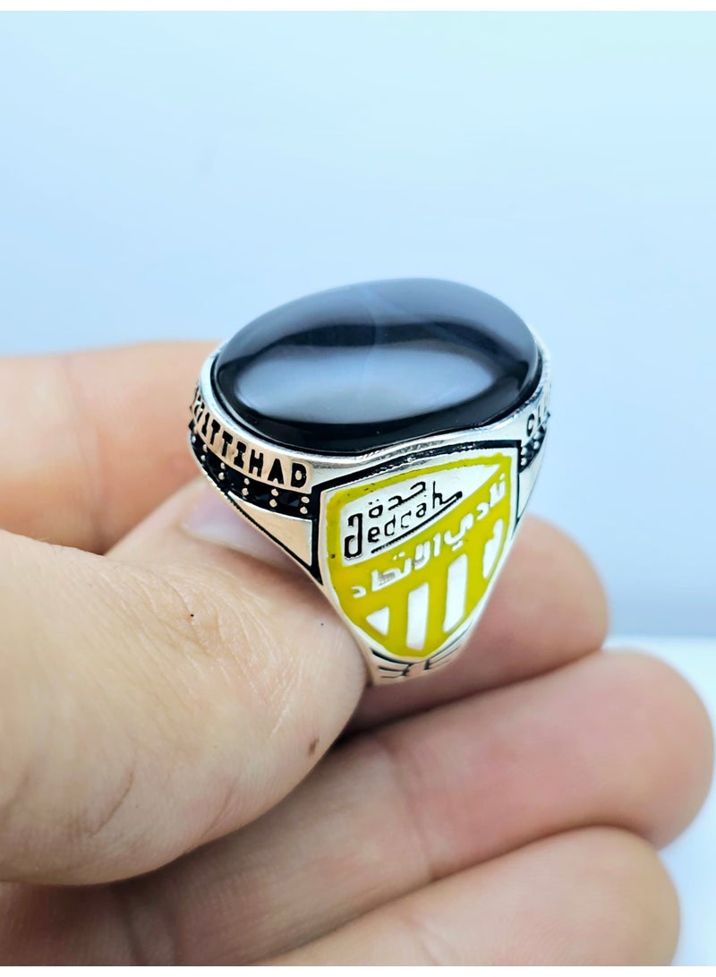 كريتر  خاتم رجالي عقيق يماني طبيعي اسود مع حلقة من الفضة عيار 925 - Image 2