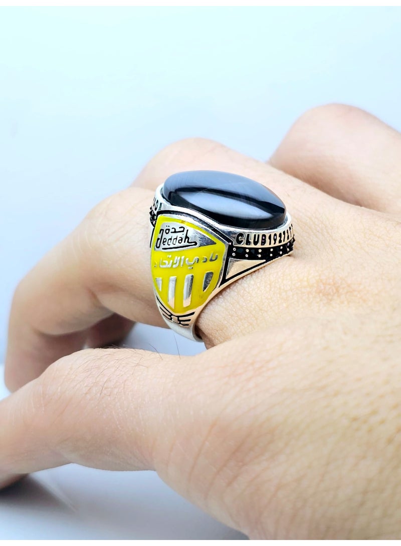 كريتر  خاتم رجالي عقيق يماني طبيعي اسود مع حلقة من الفضة عيار 925 - Image 3