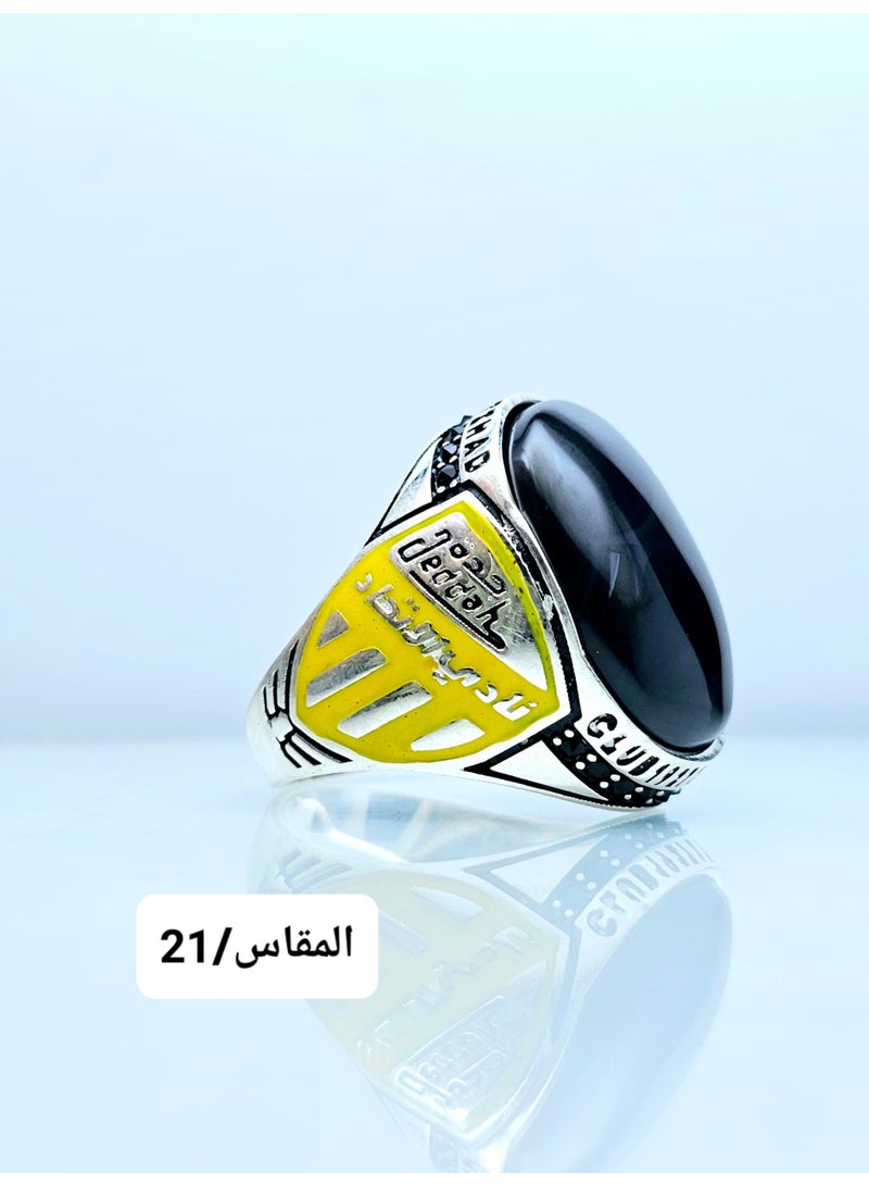 كريتر  خاتم رجالي عقيق يماني طبيعي اسود مع حلقة من الفضة عيار 925 - Image 1
