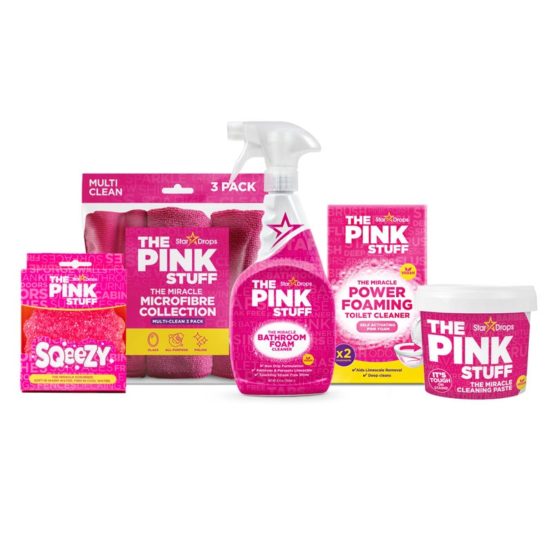 Stardrops - The Pink Stuff Bathroom Cleaning Kit - Cleaning Paste, Bathroom Foam Spray, Toilet Foaming Powder, SQeeZY Sponge & 3 Microfiber Cloths - Tough on Stains, Grease & Soap Scum - Image 1
