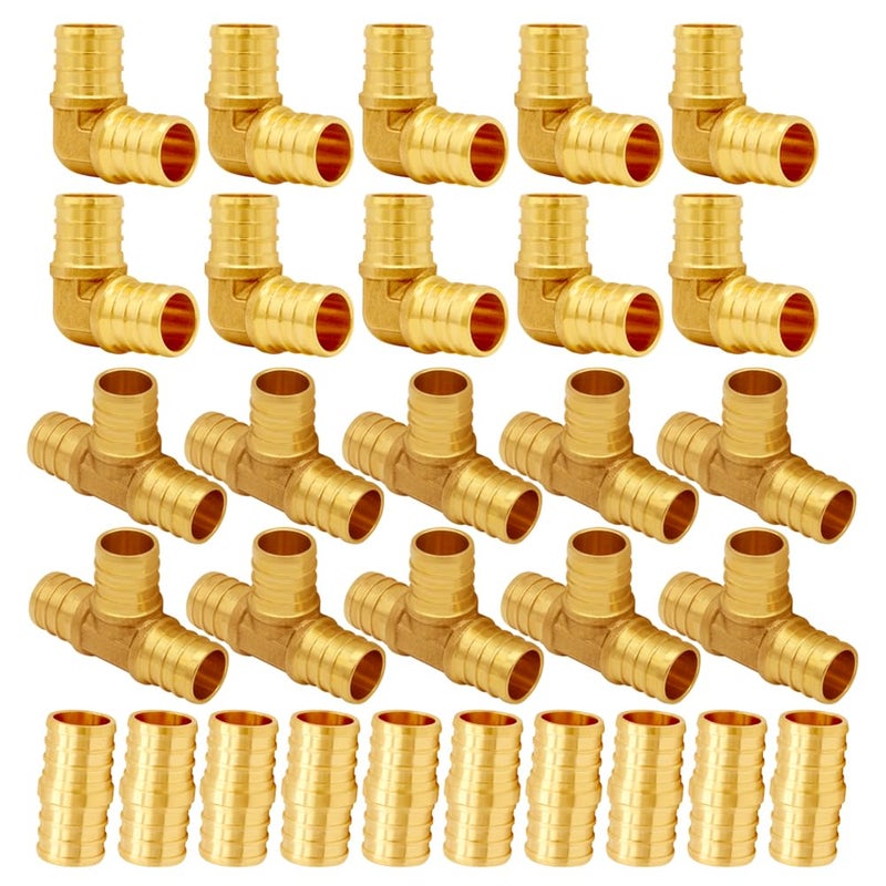 Uenede 30PCS LF Brass 12 Inch PEX Coupling Barb Crimp Pipe Tube Fitting Kit Straight10 Elbow10 Tee10 - Image 2