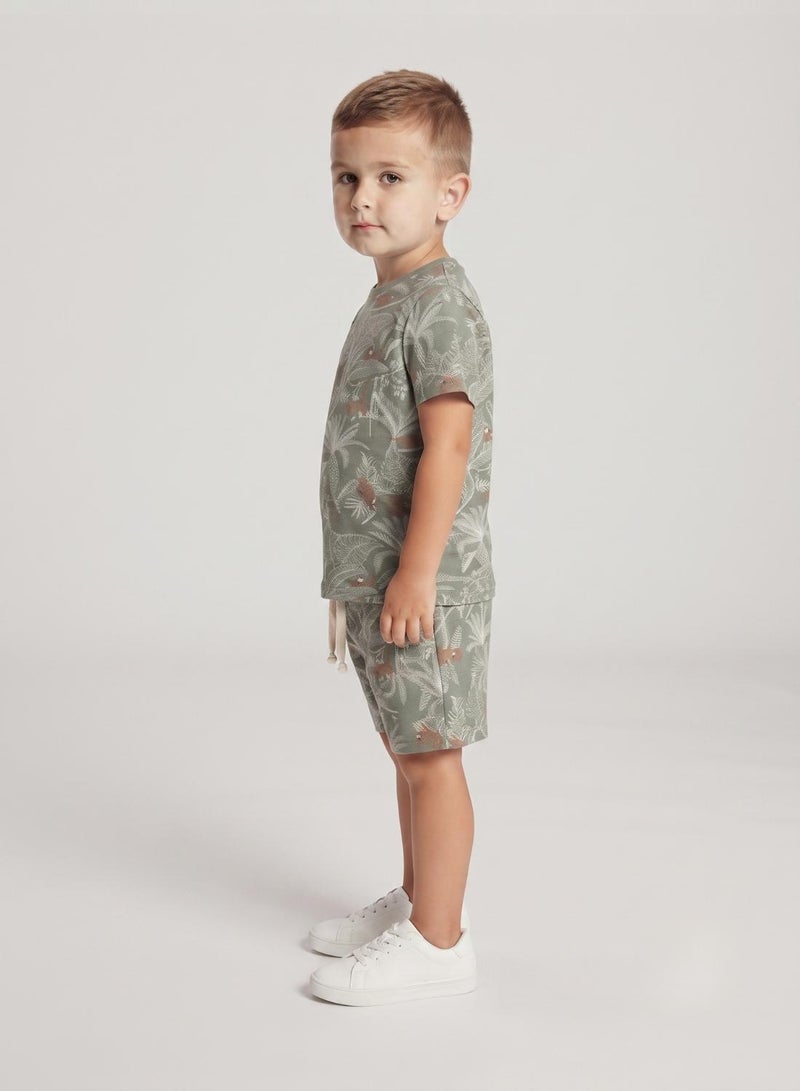 babyqlo Boys Olive Green Tropical Print T-Shirt and Shorts Set - Image 3