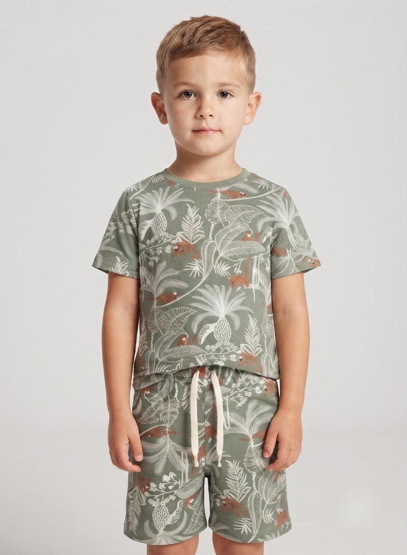 babyqlo Boys Olive Green Tropical Print T-Shirt and Shorts Set - Image 5