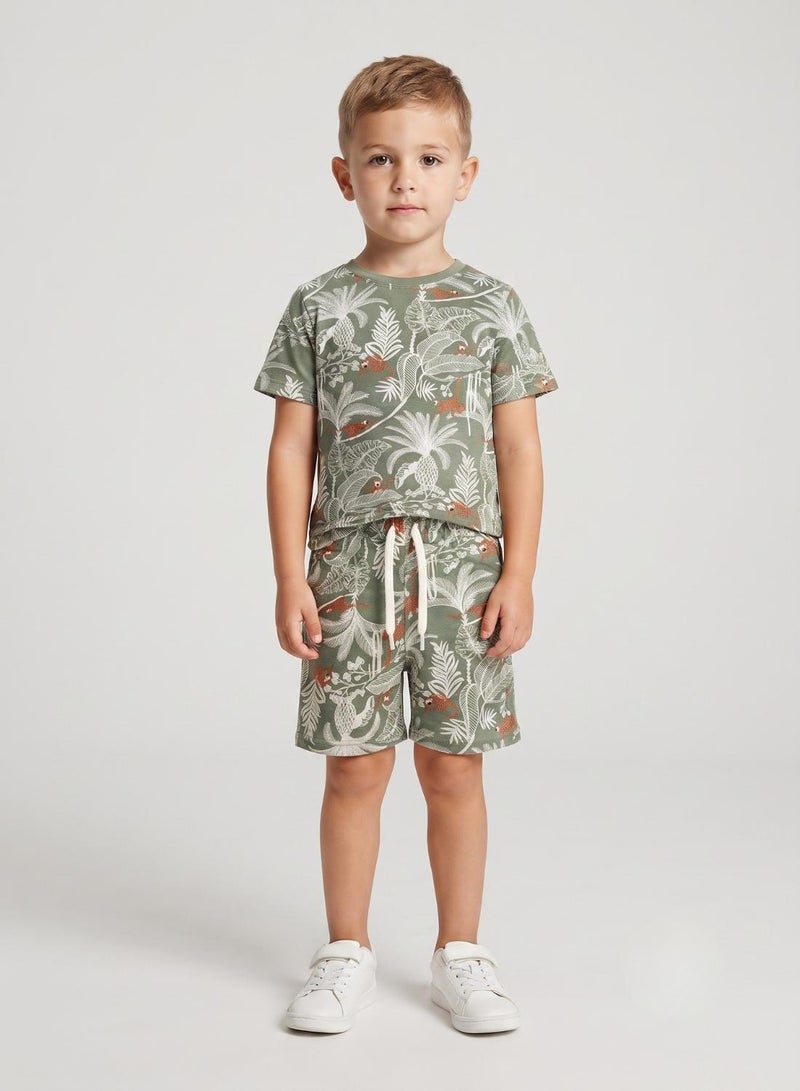 babyqlo Boys Olive Green Tropical Print T-Shirt and Shorts Set - Image 1