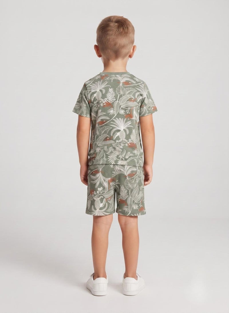 babyqlo Boys Olive Green Tropical Print T-Shirt and Shorts Set - Image 2