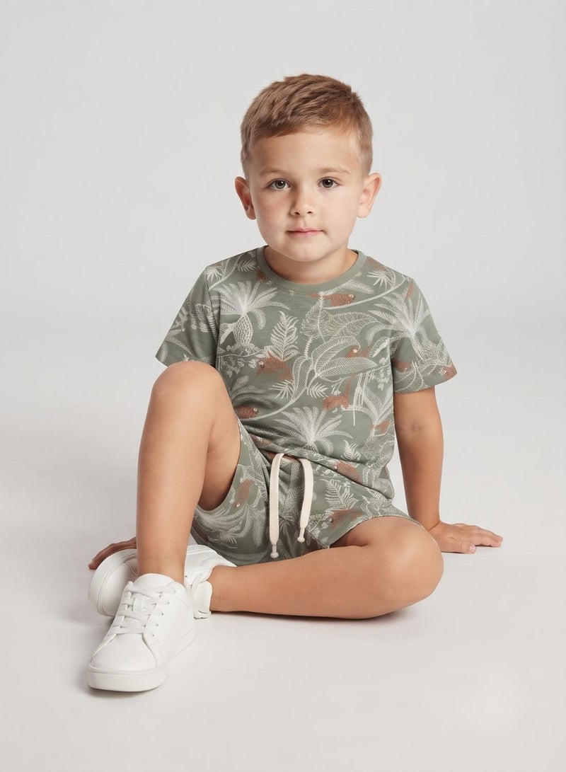 babyqlo Boys Olive Green Tropical Print T-Shirt and Shorts Set - Image 4