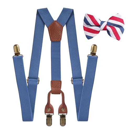 MagicPop Kids Boys Premium Suspenders and Pre tied Bowtie set - Elastic suspenders with Y Back & Adjustable Strong Clips (Medium, Blue) - Image 1