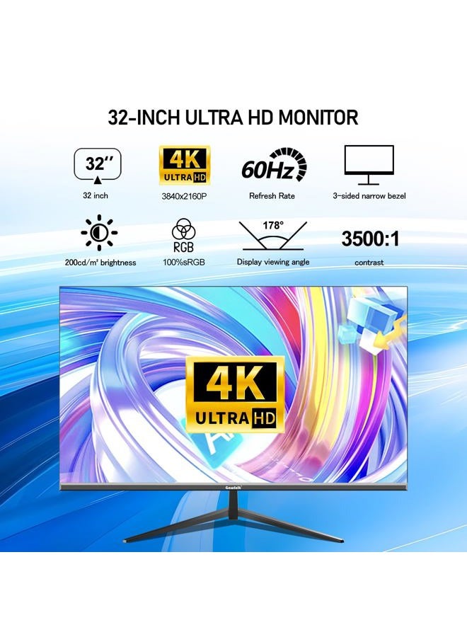 Gawfolk 32 Inch 4K UHD Computer Monitor, Ultra-Clear (3840×2160p) Screen, 100% sRGB,178° Viewing Angle, Display Port、HDMI, Compatible with Wall mounting 100 * 100MM - Black - Image 2