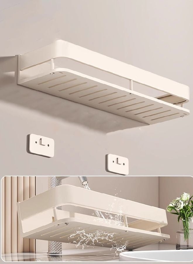 HOMESTAR Shower Caddy Organizer with 5 Hooks, Adhesive Rack Storage Shelf, Stainless Steel Bathroom Inside Shower Wall Organization White 40cm - Image 2