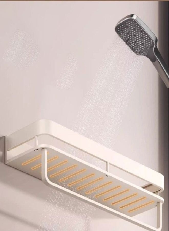 HOMESTAR Shower Caddy Organizer with 5 Hooks, Adhesive Rack Storage Shelf, Stainless Steel Bathroom Inside Shower Wall Organization White 40cm - Image 4