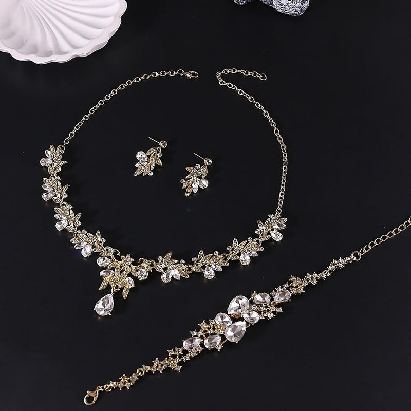 ANGLEQUEEN Silver Prom Jewelry Wedding Shine Brightly Prom Costume Brides Necklace Earring Bracelet Set Bridesmaid Dainty Rhinestone Jewelry Party Accessorie (A-Gold) - Image 5