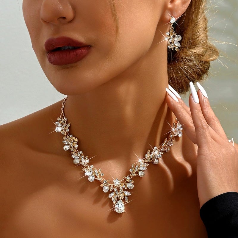 ANGLEQUEEN Silver Prom Jewelry Wedding Shine Brightly Prom Costume Brides Necklace Earring Bracelet Set Bridesmaid Dainty Rhinestone Jewelry Party Accessorie (A-Gold) - Image 2