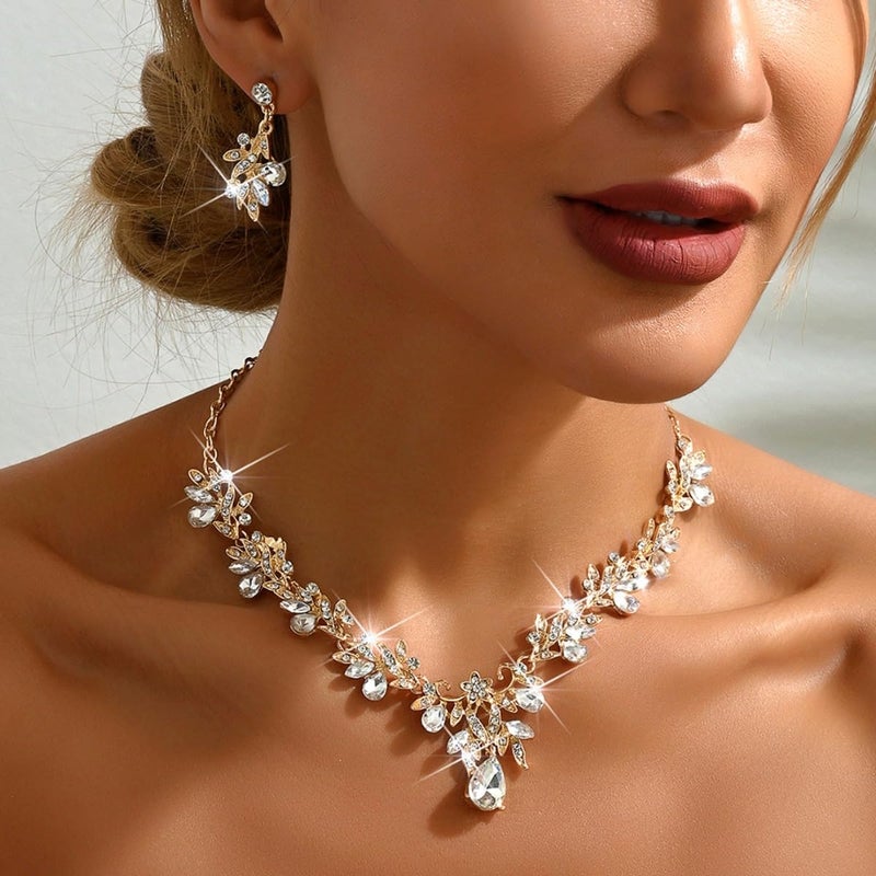 ANGLEQUEEN Silver Prom Jewelry Wedding Shine Brightly Prom Costume Brides Necklace Earring Bracelet Set Bridesmaid Dainty Rhinestone Jewelry Party Accessorie (A-Gold) - Image 3