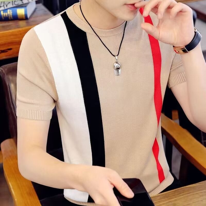 Summer Color Matching Ice Silk Knitted Short-Sleeved Hong Kong-Style Trendy All-Match Half-Sleeve Top Casual Trendy Brand Slim-Fit Men'S T-Shirt - Image 2
