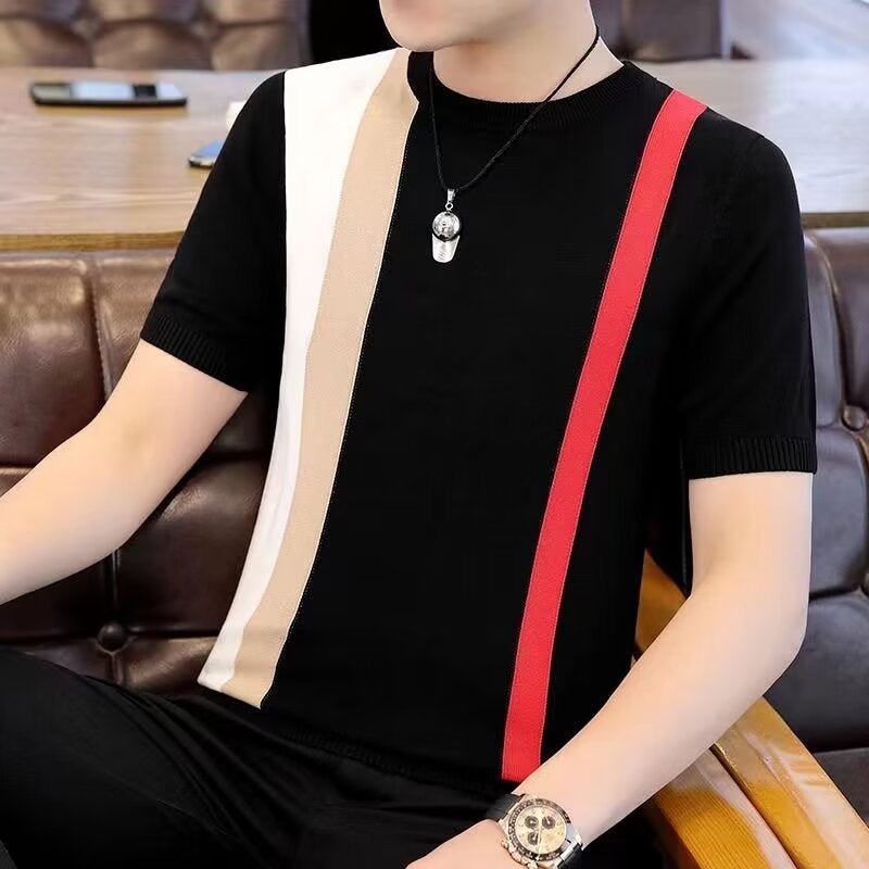 Summer Color Matching Ice Silk Knitted Short-Sleeved Hong Kong-Style Trendy All-Match Half-Sleeve Top Casual Trendy Brand Slim-Fit Men'S T-Shirt - Image 4