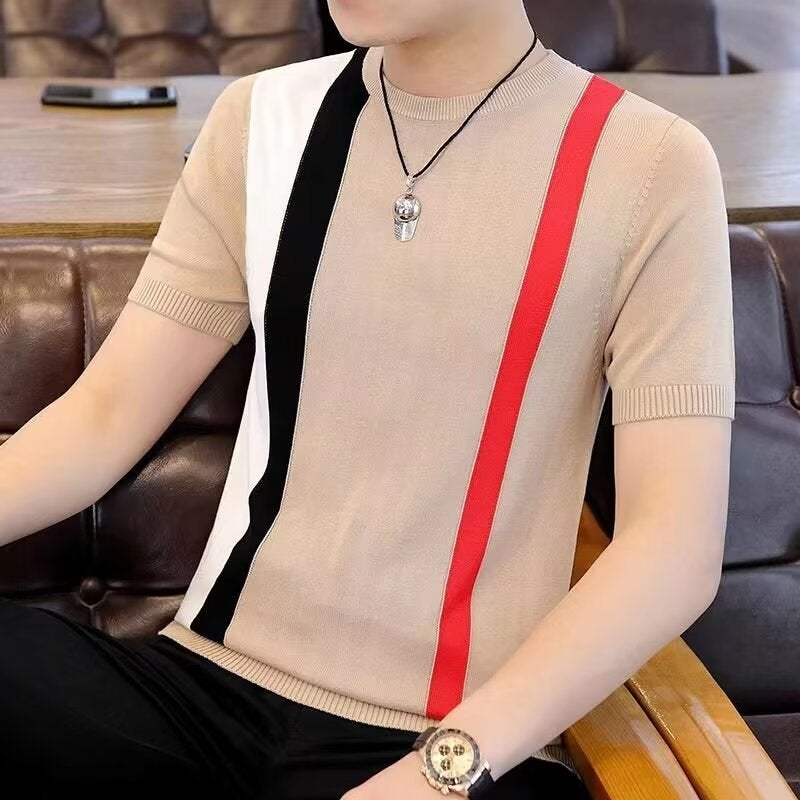 Summer Color Matching Ice Silk Knitted Short-Sleeved Hong Kong-Style Trendy All-Match Half-Sleeve Top Casual Trendy Brand Slim-Fit Men'S T-Shirt - Image 5