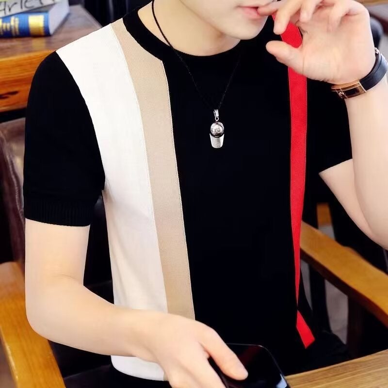 Summer Color Matching Ice Silk Knitted Short-Sleeved Hong Kong-Style Trendy All-Match Half-Sleeve Top Casual Trendy Brand Slim-Fit Men'S T-Shirt - Image 3