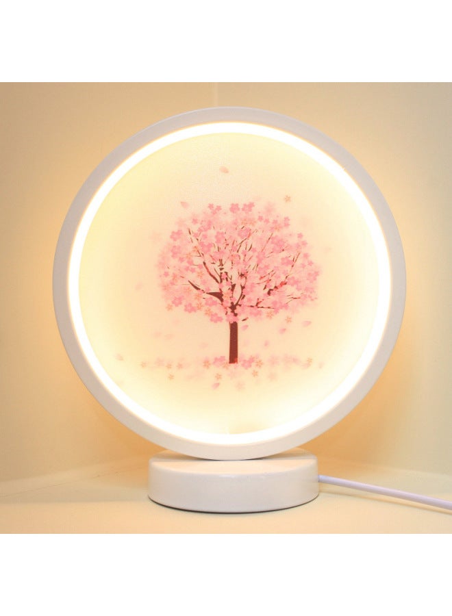 Nordic Creative Ring Led Lamp Stepless Dimming Night Light Energy-saving Eye Protection Dormitory Fill Light Diy Handmade-Specification:28cm White Circle-sakura-[usb Interface] Three-color Stepless Dimming [mild Model]  - Image 1