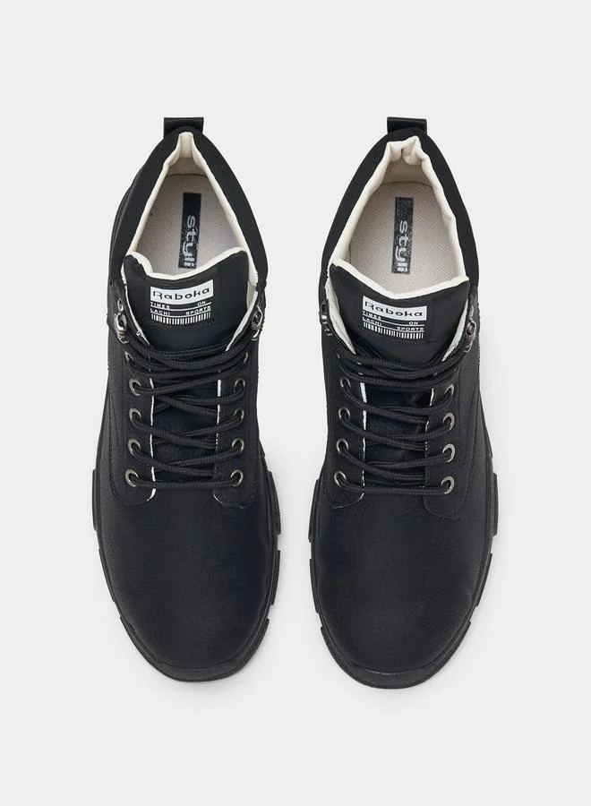 Styli Textured Stitch Detail Lace Up Ankle Boots