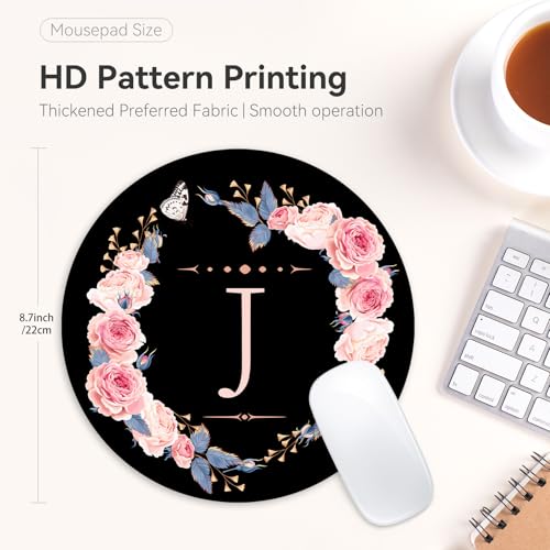 Adastrah Letter J Black and Pink Flowers Round Mouse Pad, Funny Small Mouse Mat with Non-Slip Rubber Base, Home Office Decor Desk Accessory, 8.7 inch Round - Image 4