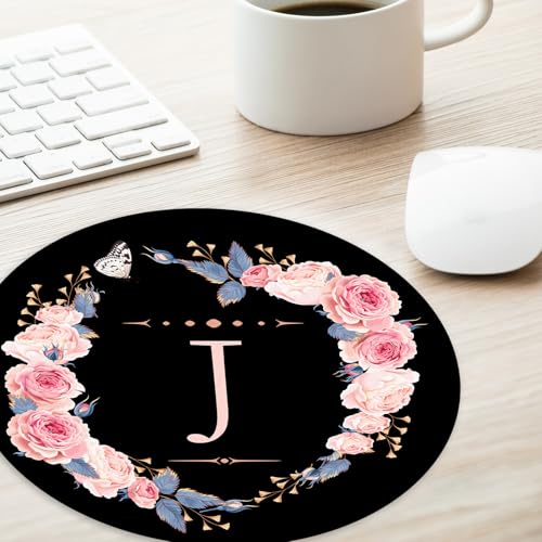 Adastrah Letter J Black and Pink Flowers Round Mouse Pad, Funny Small Mouse Mat with Non-Slip Rubber Base, Home Office Decor Desk Accessory, 8.7 inch Round - Image 3