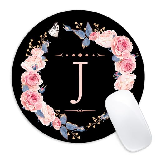 Adastrah Letter J Black and Pink Flowers Round Mouse Pad, Funny Small Mouse Mat with Non-Slip Rubber Base, Home Office Decor Desk Accessory, 8.7 inch Round - Image 1