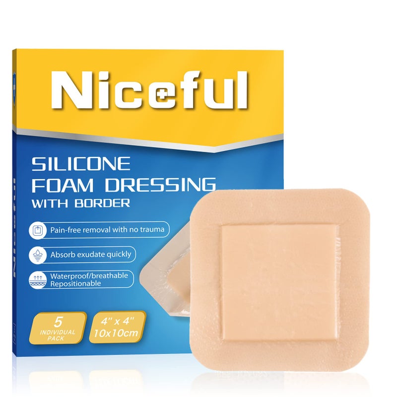 Niceful Silicone Foam Dressing 4"x4", Waterproof Silicone Bandages with Border Adhesive, High Absorbency Bed Sore Bandages Wound Care Dressing (2.5"X2.5" Pad), 5 Packs, FSA HSA Eligible - Image 1