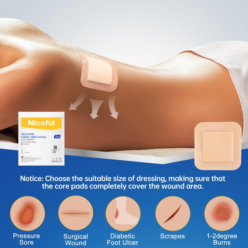 Niceful Silicone Foam Dressing 4"x4", Waterproof Silicone Bandages with Border Adhesive, High Absorbency Bed Sore Bandages Wound Care Dressing (2.5"X2.5" Pad), 5 Packs, FSA HSA Eligible - Image 4