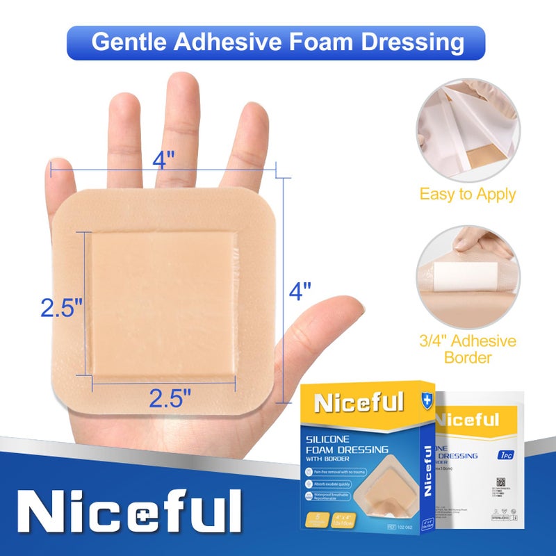 Niceful Silicone Foam Dressing 4"x4", Waterproof Silicone Bandages with Border Adhesive, High Absorbency Bed Sore Bandages Wound Care Dressing (2.5"X2.5" Pad), 5 Packs, FSA HSA Eligible - Image 3