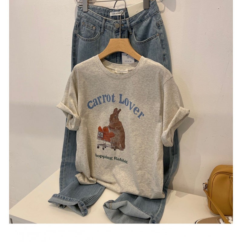 American Retro Cartoon Printed Round Neck Cotton Short-Sleeved T-Shirt Women'S Summer Loose Half-Sleeved Top - Image 1