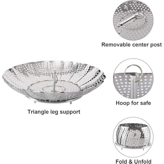سلة بخار من الفولاذ المقاوم للصدأ، ملحقات وعاء فوري للطعام والخضروات، سلة بخار ممتازة قابلة للتمدد لتناسب أحجام مختلفة من الأواني متوسطة من 61 إلى 105 - Image 5