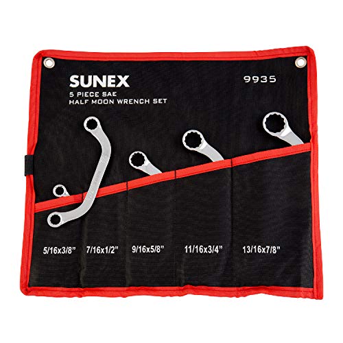 Sunex Tools 9935 SAE Half Moon Wrench Set, 5/16"x3/8" - 13/16"x7/8", Fully Polished, 5-Piece (Includes Roll-Case) - Image 1