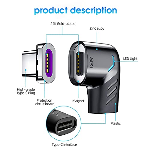 Verilux® Type C Adapter Right Angle Magnetic 90 Degree USB C Adapter Type C Connector with PD 120W Fast Charge, 480Mbps Data Transfer for MacBook Pro/Air and USB C Smartphone, Laptop, Tablet Black - Image 4