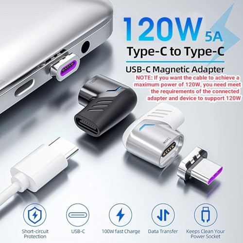 Verilux® Type C Adapter Right Angle Magnetic 90 Degree USB C Adapter Type C Connector with PD 120W Fast Charge, 480Mbps Data Transfer for MacBook Pro/Air and USB C Smartphone, Laptop, Tablet Black - Image 2