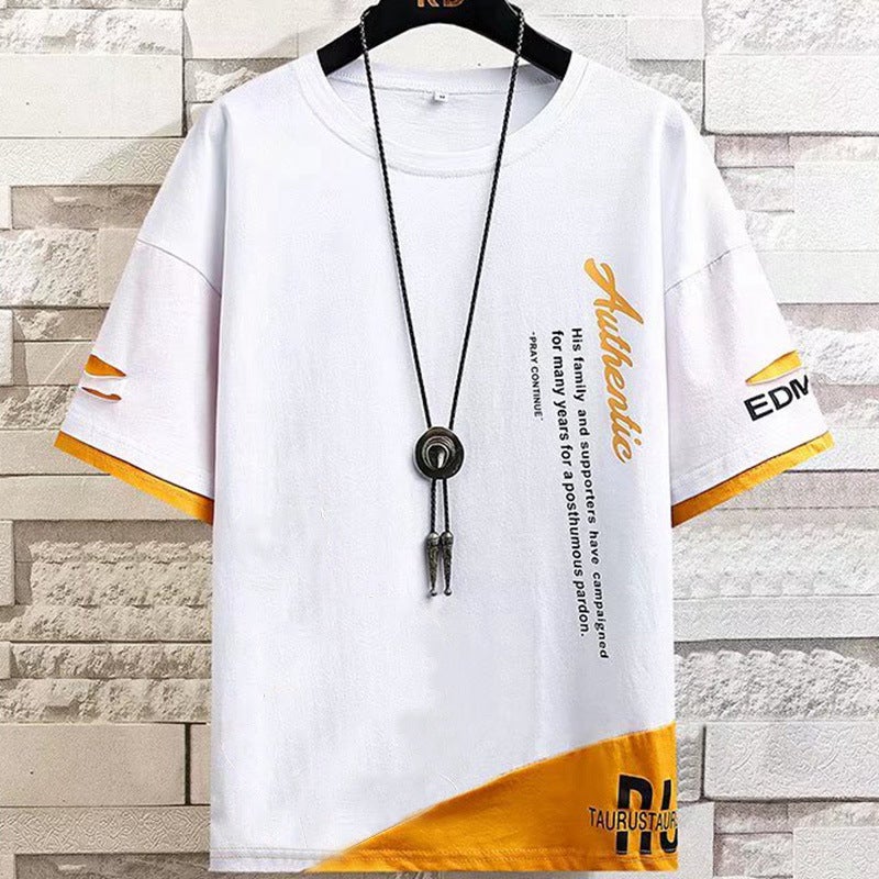 Color matching cartoon printed short-sleeved T-shirt men's summer loose t-shirt half-sleeved T-shirt youth top men's bottoming shirt - Image 1