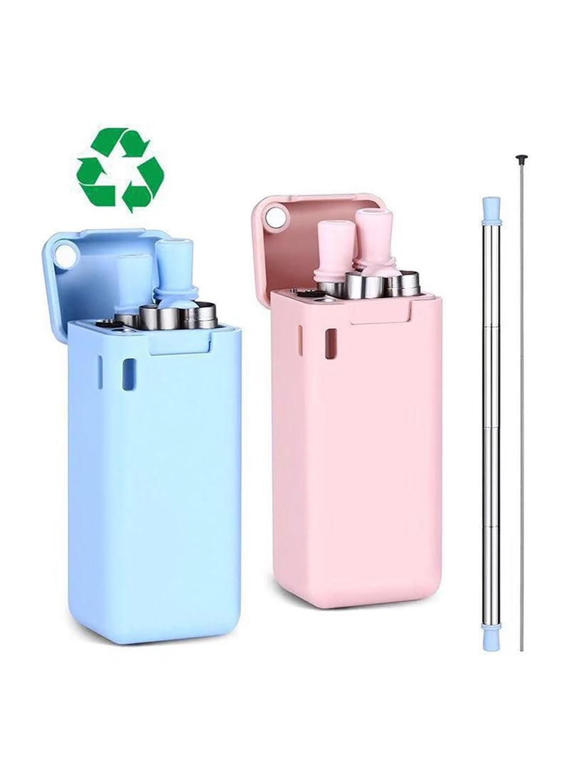 Foldable Straws with Storage Box, Reusable Folding Stainless Steel Straws, Portable Foldable Straws for Travel Home Work (Blue) - Image 2