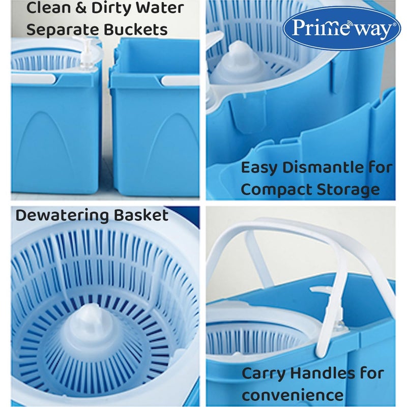 Primeway دلو ممسحة الأرضية الدوارة 360 درجة من برايمواي® بلاستيك SS XL مع 2 إعادة تعبئة من الألياف الدقيقة | 38 سم | 130 جرام | 6 لتر | أزرق - Image 3