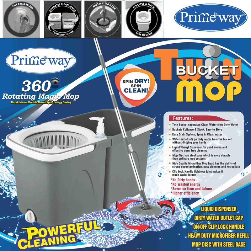 Primeway دلو ممسحة الأرضية الدوارة 360 درجة من برايمواي® بلاستيك SS XL مع 2 إعادة تعبئة من الألياف الدقيقة | 38 سم | 130 جرام | 6 لتر | أزرق - Image 2