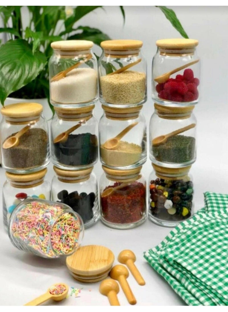 Kitchen Pembelia 12-Piece Glass Spice Jar Storage Set with Labeled Spoon and 300ML Bamboo Lid  - Image 2