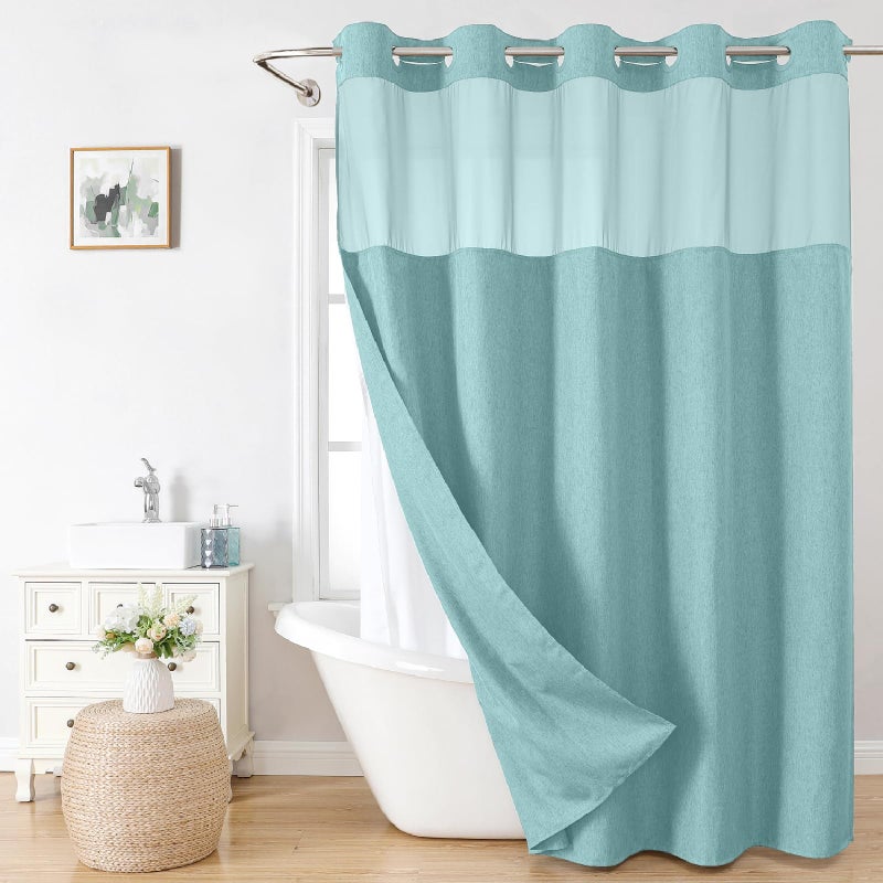 eachope No Hooks Needed Linen Textured Shower Curtain with Snap-in Fabric Liner Set,Hotel Luxury Decor Waterproof Shower Curtains for Bathroom with Mesh Top Window,Washable,71Wx74H,Teal - Image 1