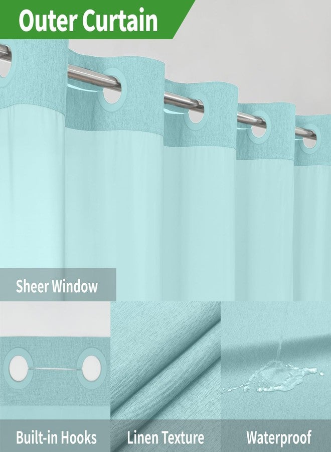 eachope No Hooks Needed Linen Textured Shower Curtain with Snap-in Fabric Liner Set,Hotel Luxury Decor Waterproof Shower Curtains for Bathroom with Mesh Top Window,Washable,71Wx74H,Teal - Image 4
