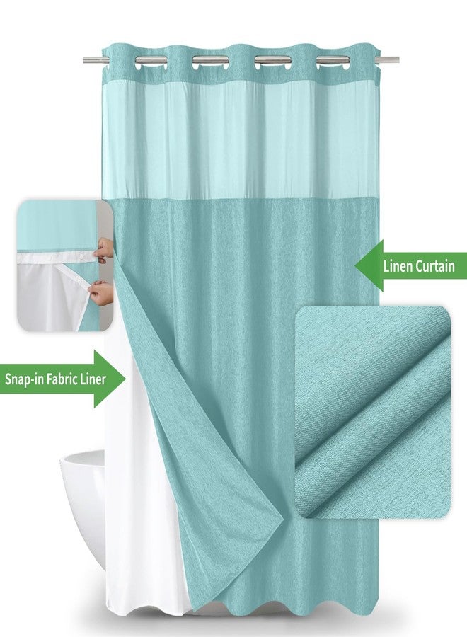 eachope No Hooks Needed Linen Textured Shower Curtain with Snap-in Fabric Liner Set,Hotel Luxury Decor Waterproof Shower Curtains for Bathroom with Mesh Top Window,Washable,71Wx74H,Teal - Image 2