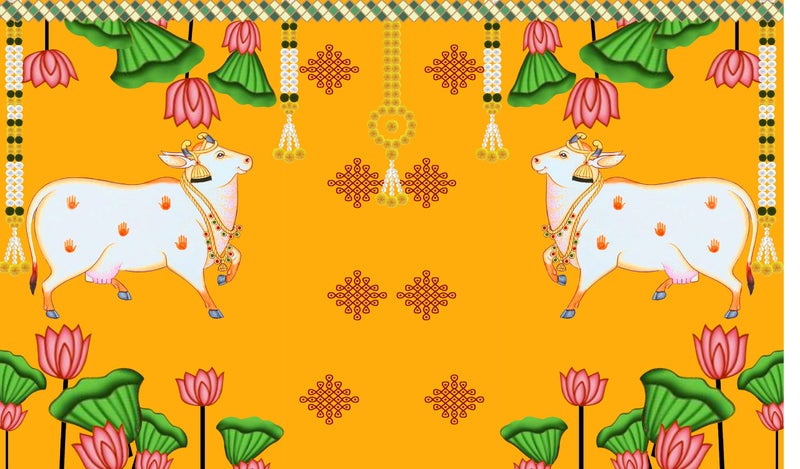 Backdropon Two Cows and Lotus Flower Design Backdrop Cloth for Pooja Decoration Traditional Background Curtain Cloth for Festival Fabric-Polyester Size 3 Feet Height and 5 Feet Width(3 * 5) - Image 1