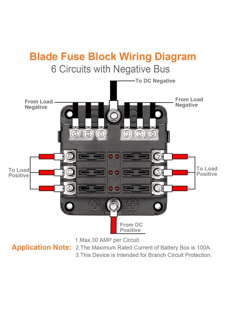Blade Fuse Block, 12V Waterproof Fuse Box Holder, 6 Circuit Negative Bus Fuse Box with LED Indicator for Automotive Car Truck Boat Marine RV Van - Image 2