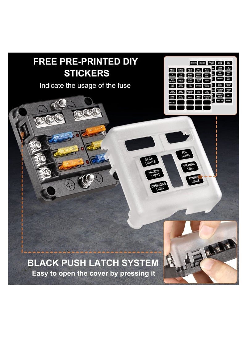Blade Fuse Block, 12V Waterproof Fuse Box Holder, 6 Circuit Negative Bus Fuse Box with LED Indicator for Automotive Car Truck Boat Marine RV Van - Image 3