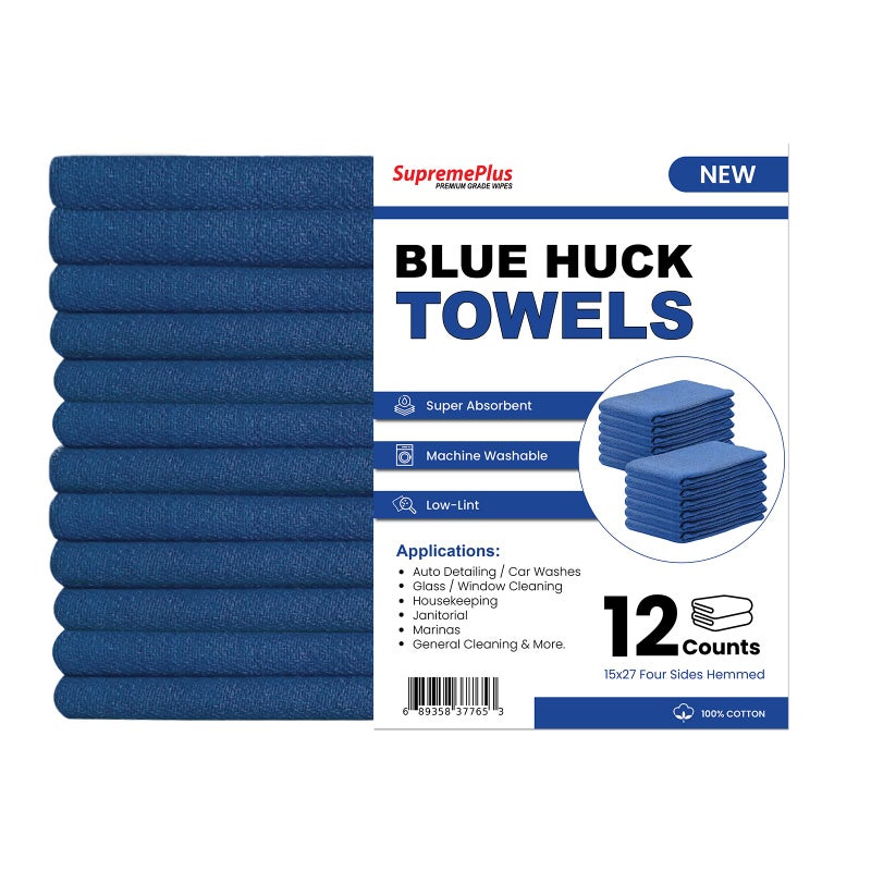 SupremePlus Premium Blue Huck Towels â€“ (12 Pack) 15 x 27 inches 100% Cotton Bulk Towel for General Cleaning, Auto Shop, and Hospital Use, Super Absorbent, Machine Washable Cloth - Image 2