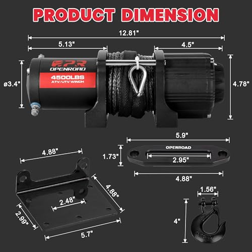OPENROAD 4500 lb ATV/UTV Winch,12V Towing Off-Road Electric UTV Winch with 1/4"×50' Synthetic Rope,Wireless Remote and Rubber Stopper (4500lb with Synthetic Rope) - Image 5
